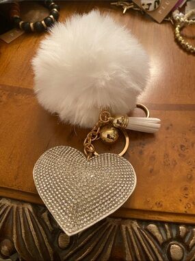 White Faux Fur Pom Heart Keychain with Gold Hardware